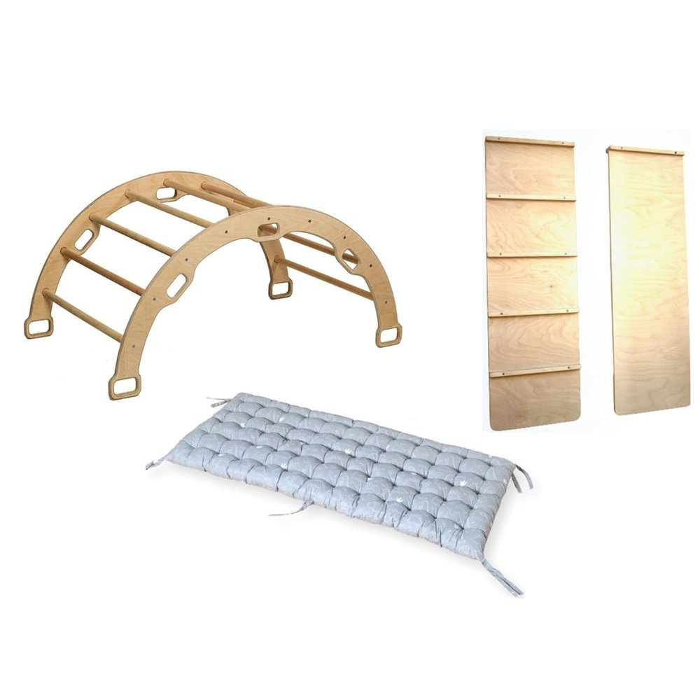 Kidodido Wooden Climbing Arch | Montessori Rocker with Ladder Ramp & Pillow | Wooden Rocker Arch | Climbing Arch with Cushion | Indoor Montessori Playground Set (Dino)