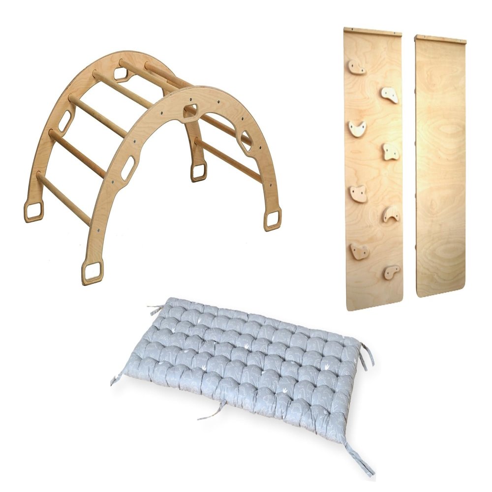 Kidodido Climbing Arch with Pillow | Montessori Wooden Rocker Arch | Rocker with Ramp & Pillow | Wooden Climbing Arch with Cushion | Indoor Montessori Playground Set (Dino)