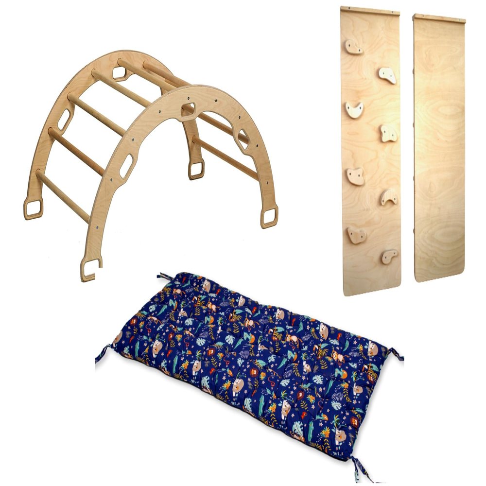 Kidodido Climbing Arch with Pillow | Montessori Wooden Rocker Arch | Rocker with Ramp & Pillow | Wooden Climbing Arch with Cushion | Indoor Montessori Playground Set (Jungle)