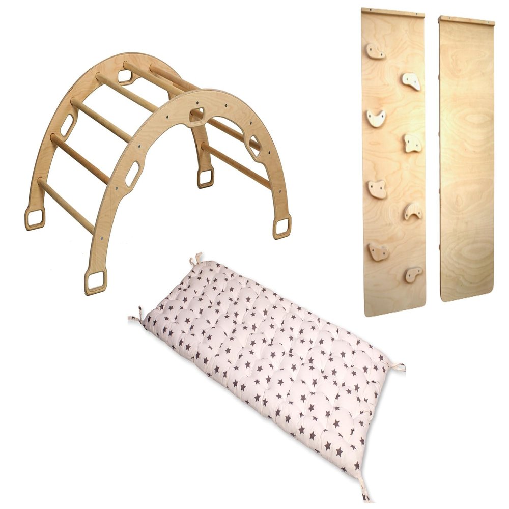 Kidodido Climbing Arch with Pillow | Montessori Wooden Rocker Arch | Rocker with Ramp & Pillow | Wooden Climbing Arch with Cushion | Indoor Montessori Playground Set (Star)
