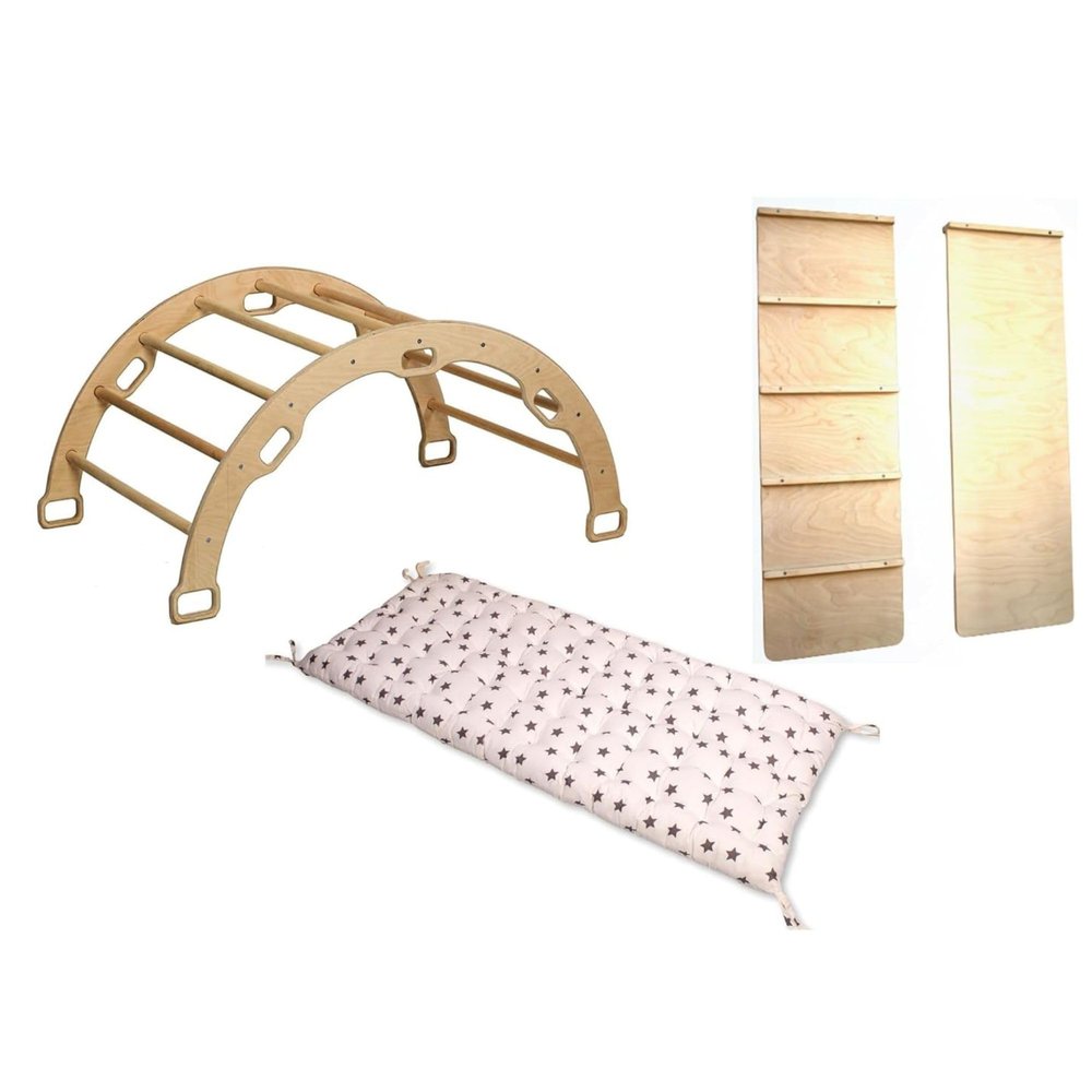 Kidodido Wooden Climbing Arch | Montessori Rocker with Ladder Ramp & Pillow | Wooden Rocker Arch | Climbing Arch with Cushion | Indoor Montessori Playground Set (Star)