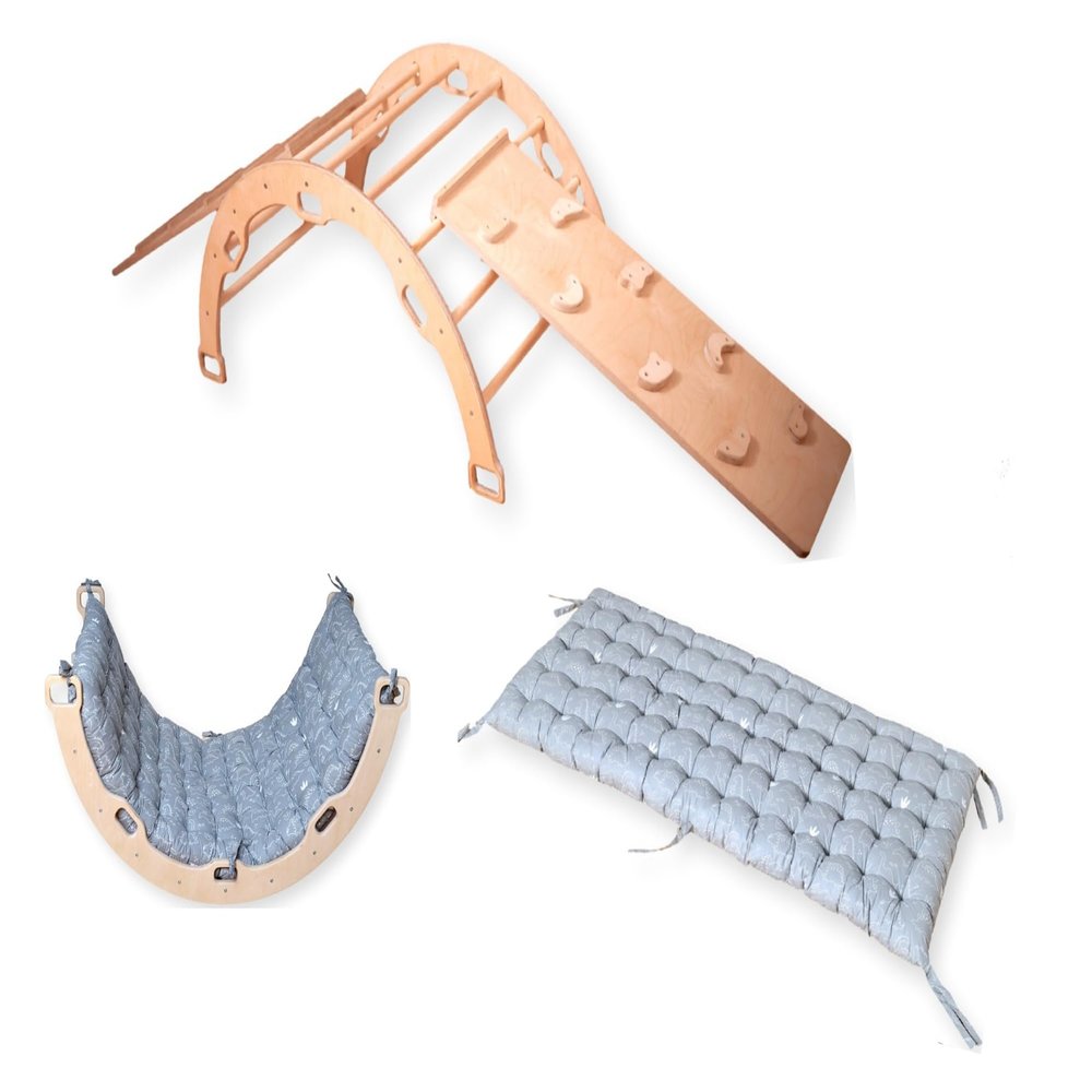 Montessori Climbing Arch | Wooden Rocker with Two Ramp & Pillow | Montessori Climbing Set | Indoor Playground Set with Pillow and Ramps (Dino)
