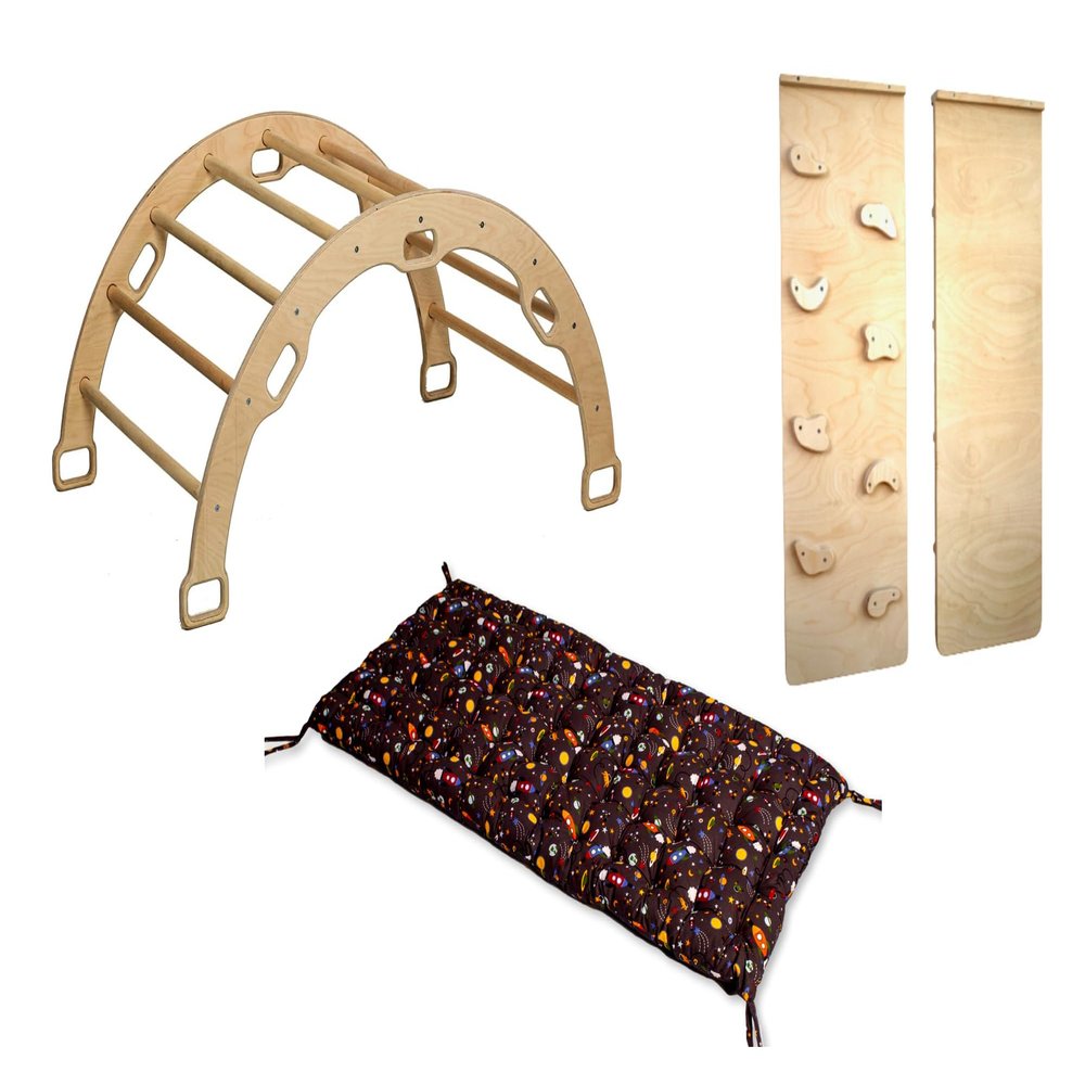 Kidodido Climbing Arch with Pillow | Montessori Wooden Rocker Arch | Rocker with Ramp & Pillow | Wooden Climbing Arch with Cushion | Indoor Montessori Playground Set (Space)