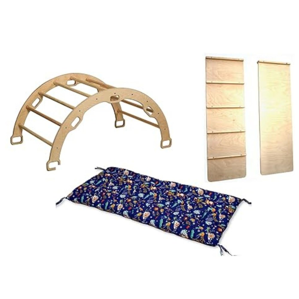 Kidodido Wooden Climbing Arch | Montessori Rocker with Ladder Ramp & Pillow | Wooden Rocker Arch | Climbing Arch with Cushion | Indoor Montessori Playground Set (Jungle)