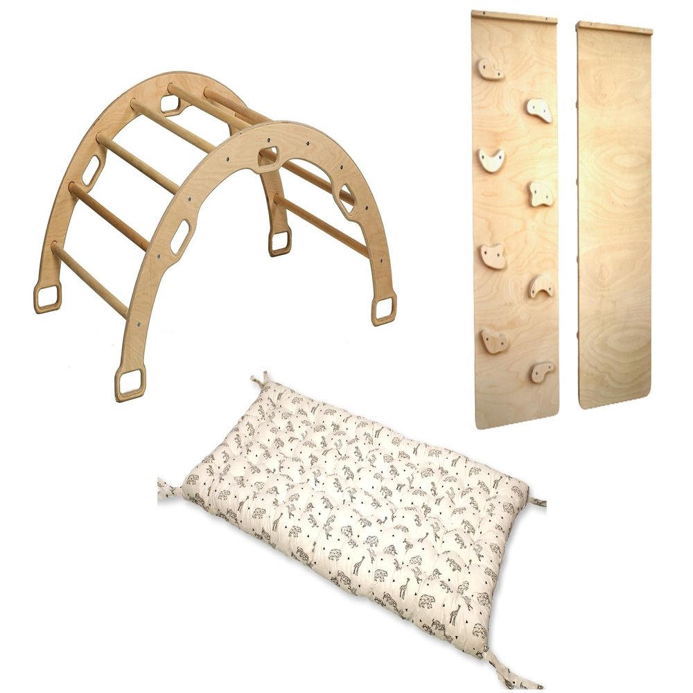Kidodido Climbing Arch with Pillow | Montessori Wooden Rocker Arch | Rocker with Ramp & Pillow | Wooden Climbing Arch with Cushion | Indoor Montessori Playground Set (Origami)