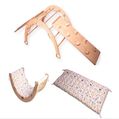 Montessori Climbing Arch | Wooden Rocker with Two Ramp & Pillow | Montessori Climbing Set | Indoor Playground Set with Pillow and Ramps (Flamingo)