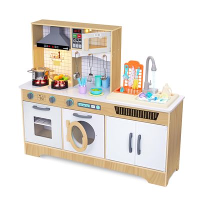 Lil Jumbl Wooden Kids Play Kitchen with Real Running Water Sink Interactive Pretend Kitchen Set with Microwave, Stove, Lights & Sounds for Ages 3+ - Natural