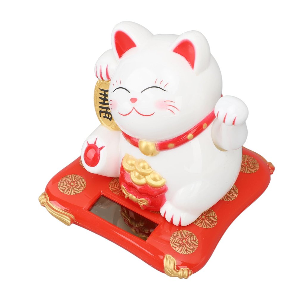 Lucky Fortune Cat, Cute Plastic Swinging Arm Lucky Cat Desktop Decor 3.5in Solar Powered Easy to for Home (White Cat)