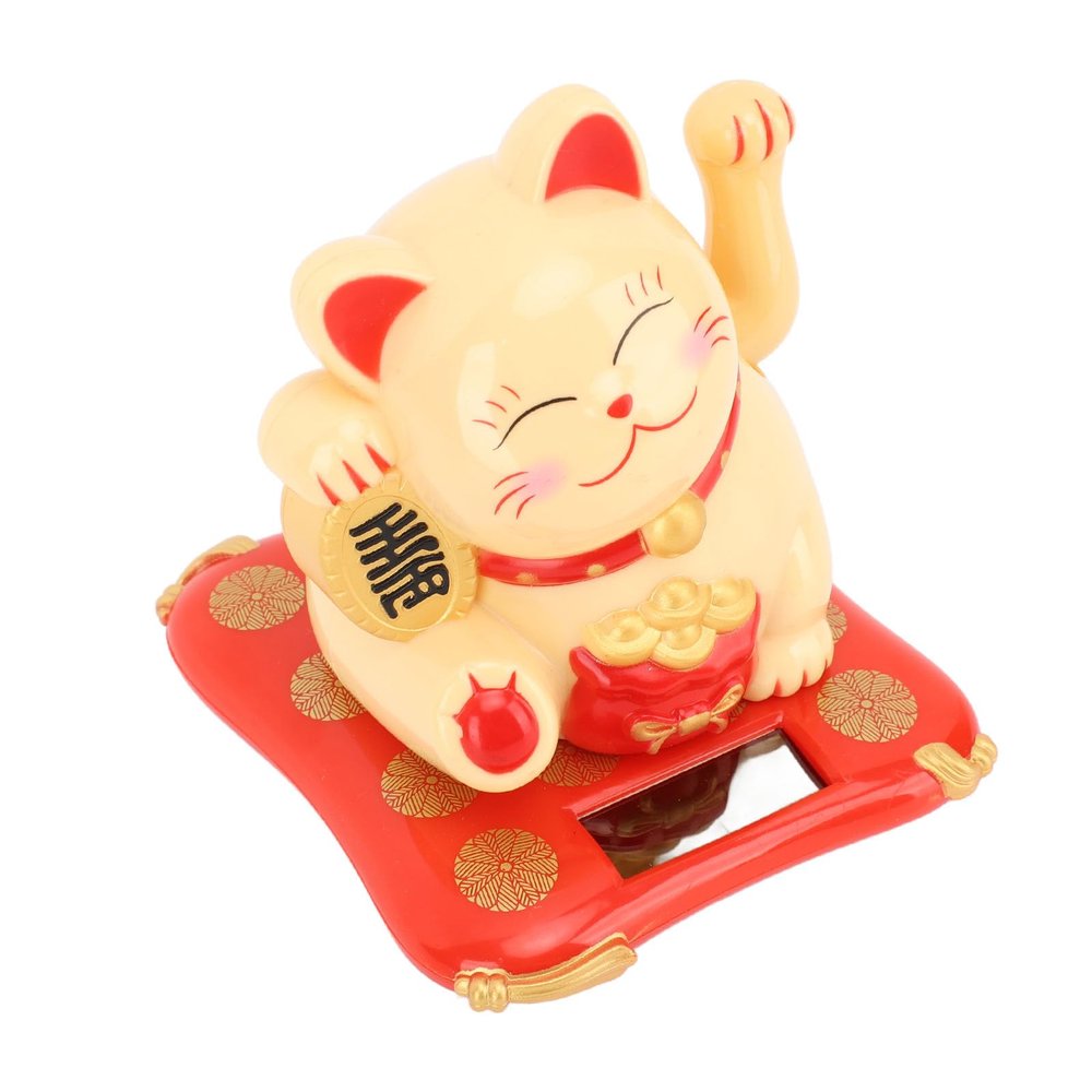 Lucky Fortune Cat, Cute Plastic Swinging Arm Lucky Cat Desktop Decor 3.5in Solar Powered Easy to for Home (Yellow Cat)
