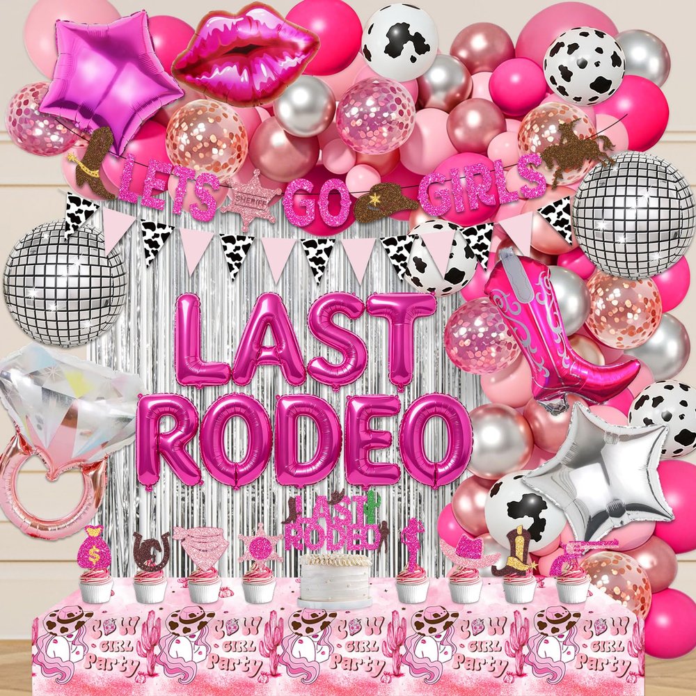 106Pcs Last Rodeo Bachelorette Party Decorations, Cowgirl Bachelorette Party Decorations Pink Western Lets Go Girls Glitter Banner Disco Ring Balloon Cake Toppers for Cowgirl Party Decorations