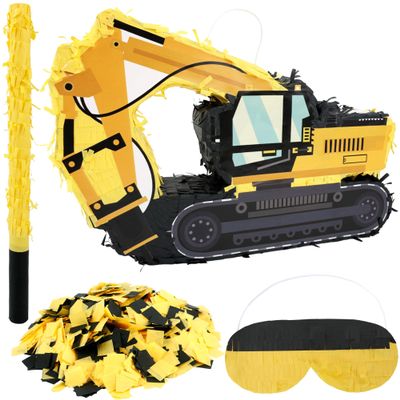 15.7 x 10.6 x 3.1 Inch Construction Excavator Pinata Truck Pinata with Bat Blindfold and Confetti for Birthday Decor Construction Party Supplies