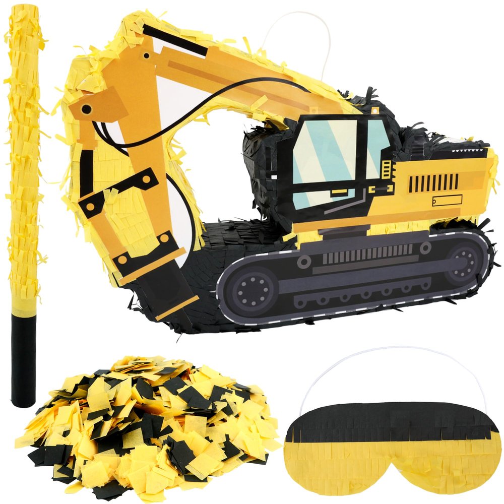 15.7 x 10.6 x 3.1 Inch Construction Excavator Pinata Truck Pinata with Bat Blindfold and Confetti for Birthday Decor Construction Party Supplies