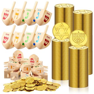 Realspring Hanukkah Gift Set of 200 pcs Hanukkah Coins and 10 pcs Wooden Hanukkah Dreidels Hanukkah Gelt Coins Treasure Hunt Coins Treasure Hunt Game Toy Hanukkah Party Supplies (Gold)
