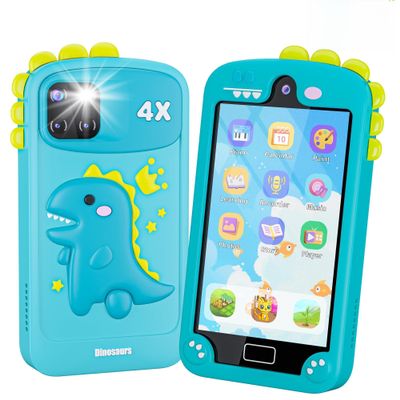 Kids Smart Phone for Boys with 4.0" Large Touchscreen, 32G Card for Age 3-10 Kids Toys Cell Phone with Holographic Pyramid, Toddler Learning Toy, Dual Lens, Music Player (Cyan-Blue)