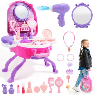 Plintone 4-in-1 Girls Vanity Set, 40 PCS Princess Pretend Makeup Vanity, Kid Vanity with Fashion Accessories, Role Play Makeup Toy for Girls Age 3 4 5, Birthday