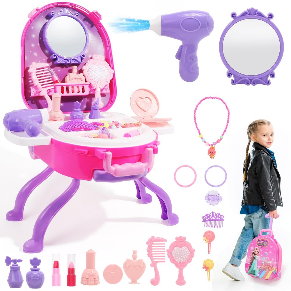 Plintone 4-in-1 Girls Vanity Set, 40 PCS Princess Pretend Makeup Vanity, Kid Vanity with Fashion Accessories, Role Play Makeup Toy for Girls Age 3 4 5, Birthday
