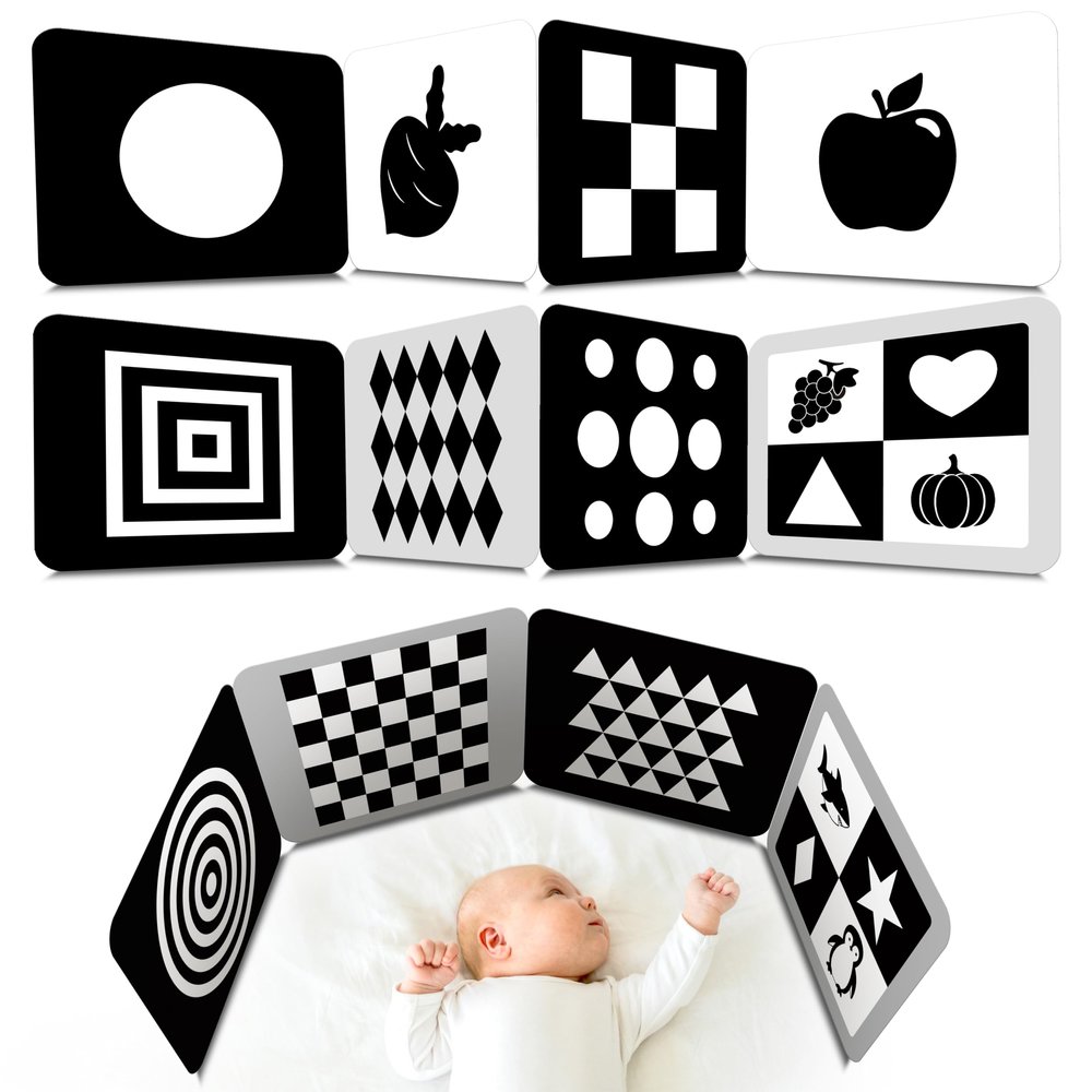 2 PCS Baby Visual Stimulus Cards, Double-Sided High Contrast Black and White Flashcards Sensory Developmental Montessori Cards Set for Newborn Boy Girl Baby Tummy Time (39 X 8)