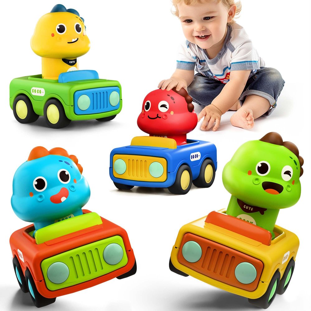 iPlay, iLearn Press Go Car Toys for Toddlers 1-3, Baby Animal Race Cars, Infant Play Car Set, Push Go Friction Dino Car for 6-9-12-18 Month, 1st Valentine Gift Easter Stuffer for 1-2 Years Old Boy Kid