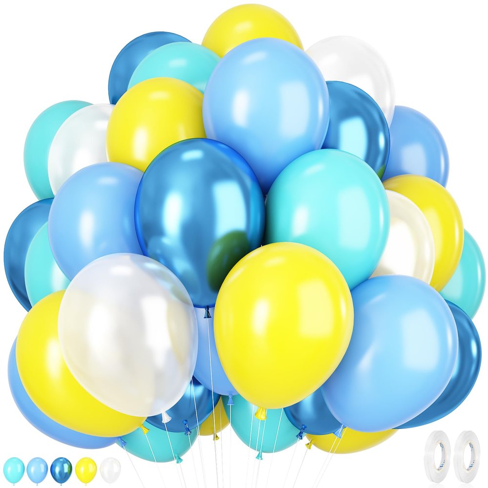 Blue Yellow Balloons, 50 Pcs 12 Inches Yellow Blue Clear Balloon, Teal Blue Metallic Clear Balloon for Girls Boy Cartoon Theme Birthday Baby Shower Wedding Party