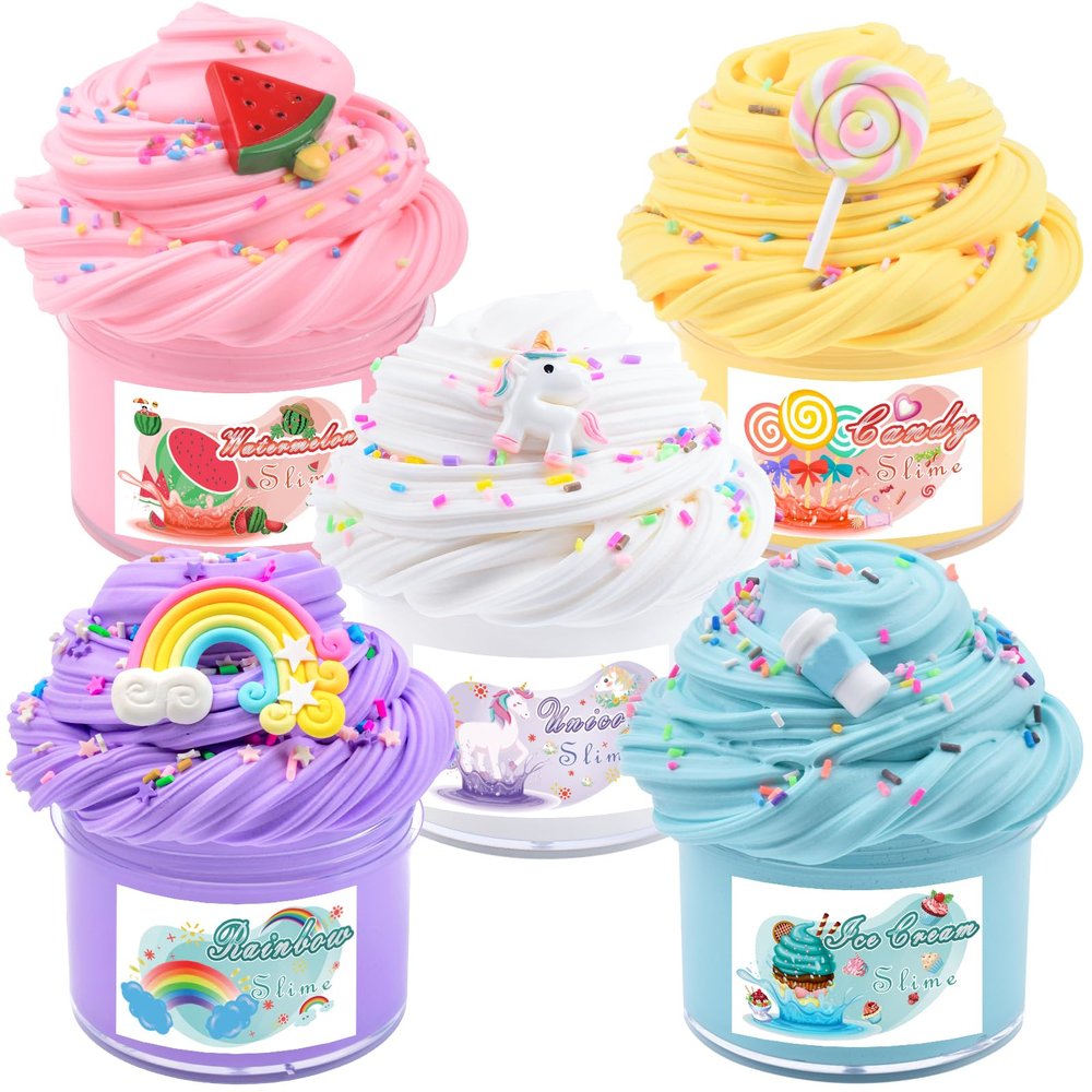 5 Pack Butter Slime Kit, with Fun Slime Add Ins, Soft Non-Sticky, Stress Relief Toy, Birthday Gifts for Kids, Classroom Rewards, DIY Slime Party Favor for Girls & Boys