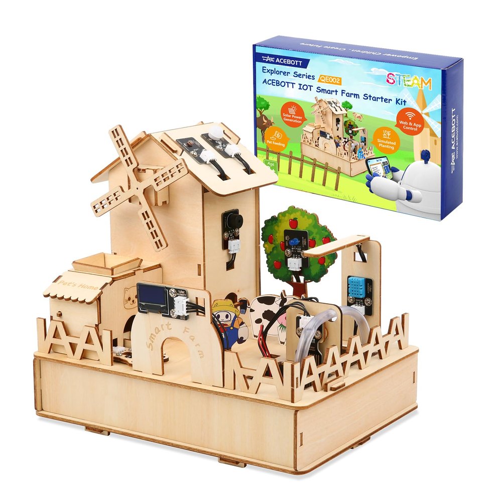 ACEBOTT ESP32 IOT Smart Farm Kit Compatible with Arduino/Scratch, STEM Kit Coding Kit with APP Control, Stem Toys Wooden House Building kit, STEM Educational kit for Kids 12+
