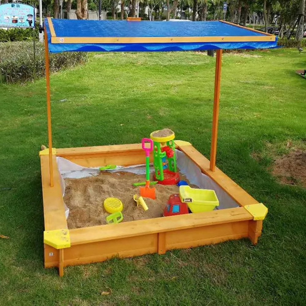 Sandbox with Cover and Canopy Height Adjustable, Sand Pit for Backyard Play, Wooden Sand Box for Ages 4-8, Play Equipment for Outdoor