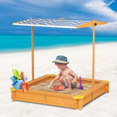 POLGDW Outdoor Wooden Sandboxes with Canopy, Foldable Bench Seats, Anti-Aging Woven Fabric, for Backyard, Beach, Lawn