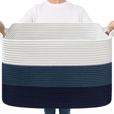 Goodpick Storaget Basket, 21.6" x 14.9" x 11.8", Toy Storage Baskets for Bedroom, Large Baskets for Organizing, Rectangle Woven Rope Basket for Blanket Storage, Blue