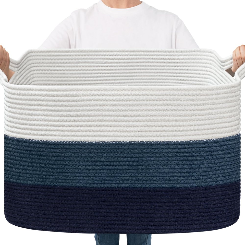 Goodpick Storaget Basket, 21.6" x 14.9" x 11.8", Toy Storage Baskets for Bedroom, Large Baskets for Organizing, Rectangle Woven Rope Basket for Blanket Storage, Blue