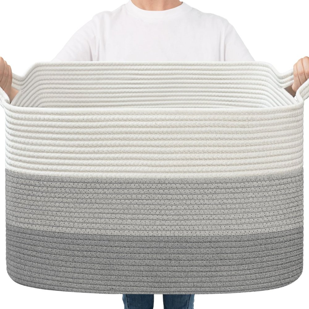 Goodpick Storage Basket, 21.6" x 14.9" x 11.8", Blanket Basket for Living Room, Large Woven Baskets for Storage, Toy Organizer, Rectangle Rope Baskets for Organizing, Gray