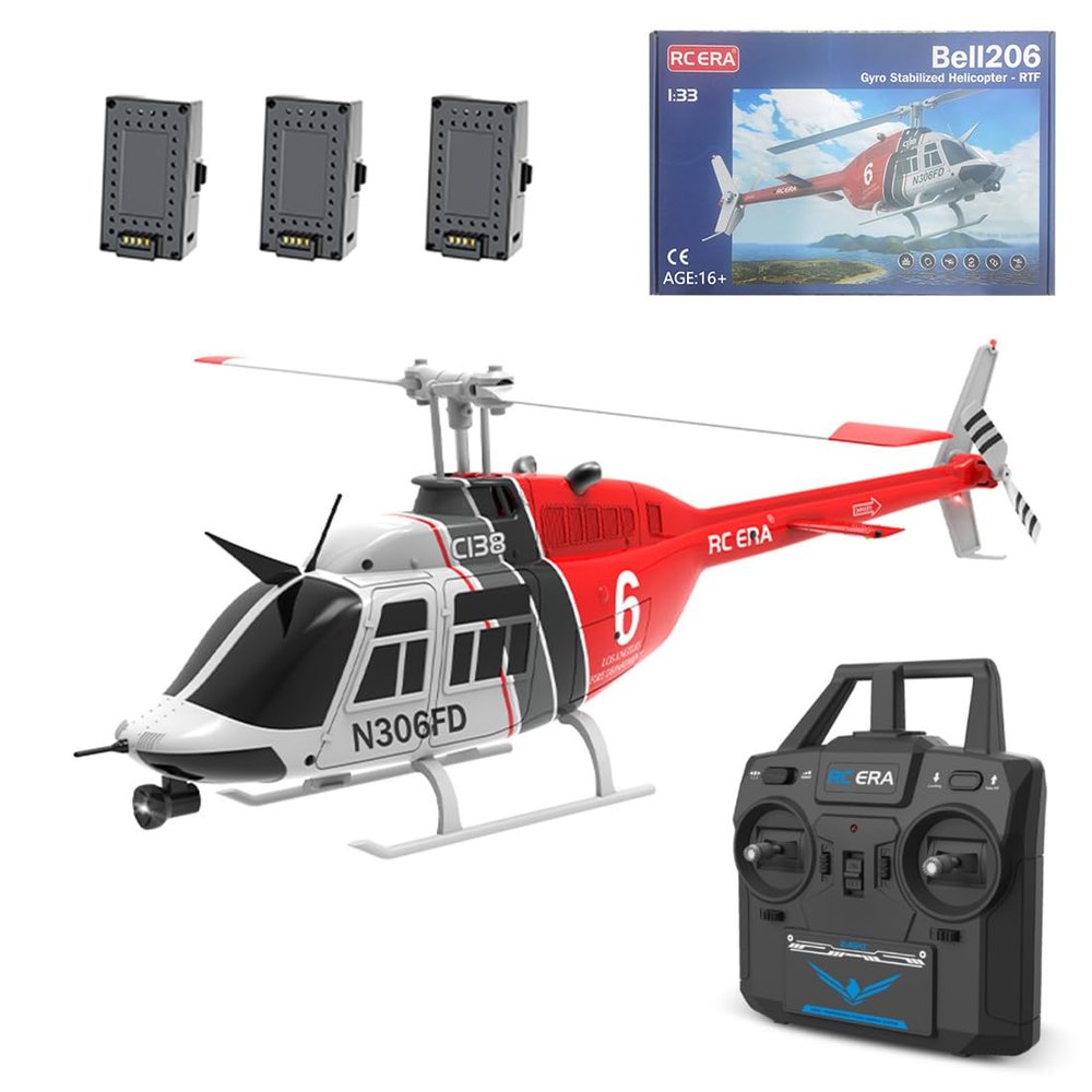 HOENTECH C138 Remote Controlled Helicopter with 6-Axis Gyro, Bell 206 RC Heli Single Rotor 6CH Altitude Hovering/Optical Flow Localization RC Helicopter for Adults Beginners, 3 Batteries