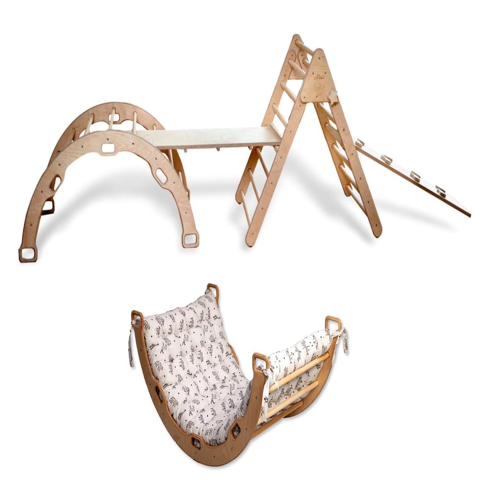 Montessori Climbing Set | Triangle Arch Two Ramp and Cushion | Wooden Jungle Gym Set | Montessori Triangle & Rocker Set with Ramp and Pillow | Indoor Playground with Rocker Cushion (Origami)