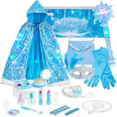 Frozen Toys for Girls-Princess Dress Up Set, 3 Lighting Mode Princess Cape, Music & Light Up Wand, Kids Makeup Kit, Wig, Mask, Gloves, Dress-up Accessories for Princess Cosplay Costume for Girl Age 3+