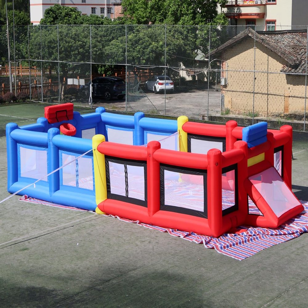 Vinfgoes Blue+Red Inflatable Sports Court Inflatable Soccer Field & Basketball Hoop & Volleyball Field 3 in 1 Multiple Sport Game with Blower for Birthday/School Playground/Family/Team Games