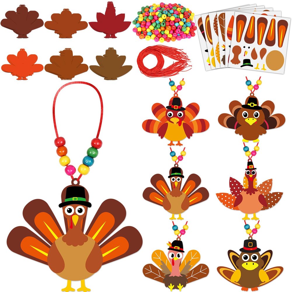 24 Sets Fall Thanksgiving Crafts Kits for Kids Turkey Beaded Necklace Bulk Turkey DIY Necklaces Making Arts Crafts Kit for Autumn Festive Thanksgiving Party Decors Classroom Games Activities , 6 Style