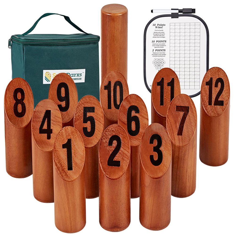 SpexDarxs 12 Numbered Block Tossing Game, Wooden Throwing Set with Scoreboard & Carrying Bag, Outdoor Backyard Lawn Games for Teens Adults Family