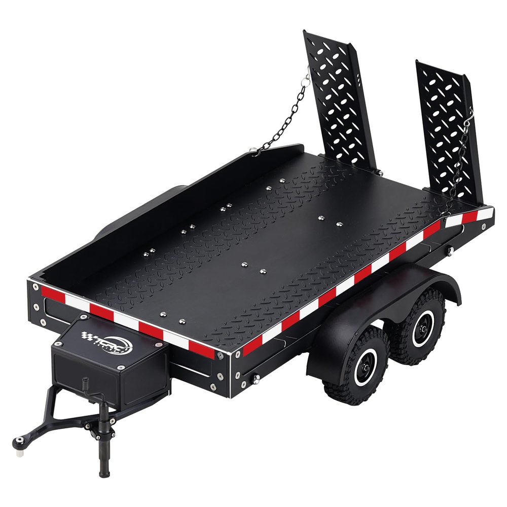TCRC Full Metal Truck Trailer with Simulated Reflective Stickers for 1/16 1/18 1/24 RC Crawler Car Upgrades,Black