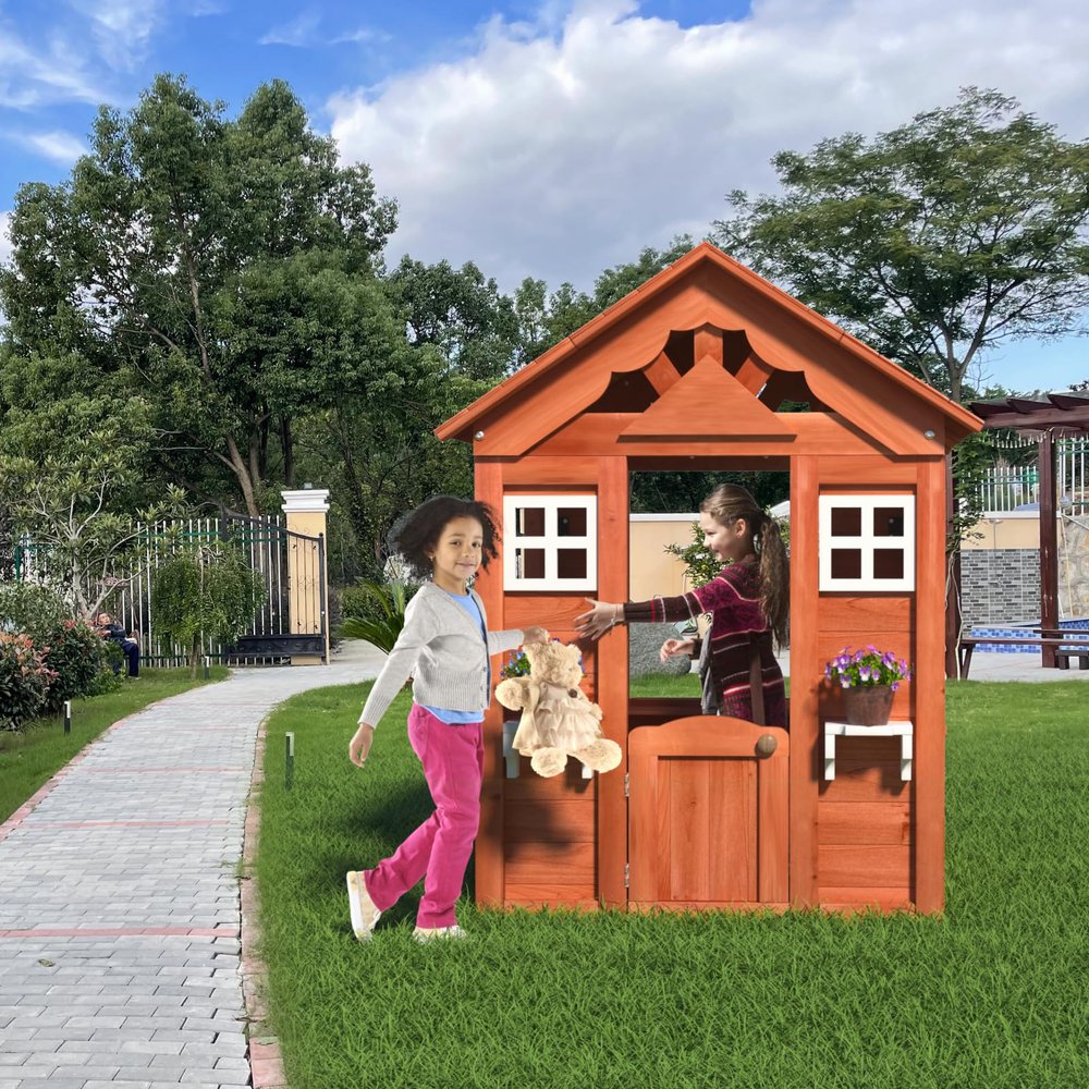 Golden Red Wooden Playhouse with 2 Windows & Flowerpot Holder - Spacious Outdoor Play House for Kids 3-8 Years Old