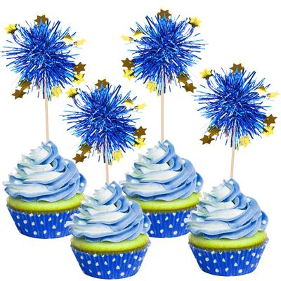 30 PCS Foil Firework Cupcake Toppers Happy Birthday Star Cupcake Picks Sparkle Tinsel Drink Stirrers Cocktail Fruit Toothpicks for Valentine's Day Wedding Birthday Party Decorations Supplies Blue