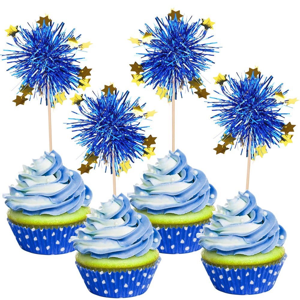 30 PCS Foil Firework Cupcake Toppers Happy Birthday Star Cupcake Picks Sparkle Tinsel Drink Stirrers Cocktail Fruit Toothpicks for Valentine's Day Wedding Birthday Party Decorations Supplies Blue