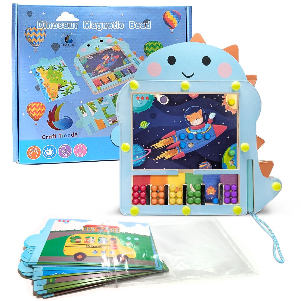Craft Trendy Magnetic Drawing Board with Bead and Insert Card - Dinosaur Magnetic Dot Art Toys Classroom Must Haves - Magnetic Dots Board for Kids - 20 Cards Included