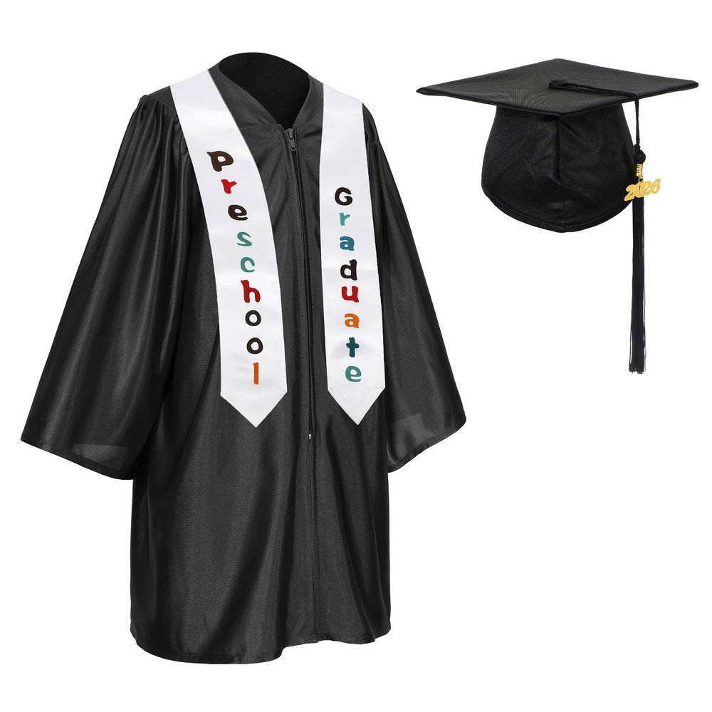 D DODOU Shiny Preschool and Kindergarten Graduation Cap Gown Stole Package with Year Charm Tassel (Preschool, Black, 27)