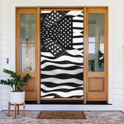 Black And White American Flag Print Door Porch Cover,Door Banner Backdrop,Party Door Cover Sign,For Outdoor Indoor Decorations
