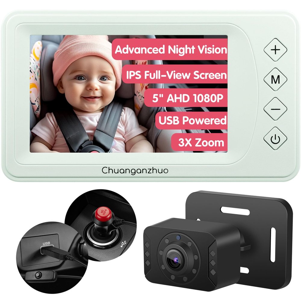 Chuanganzhuo Baby Car Camera with Advanced Night Vision, AHD 1080P 5inch IPS Full View Car Baby Monitor, Carseat Camera for Kids Infants Rear Facing Mirror, USB Powered, 5inch Light Green