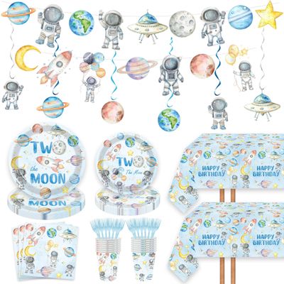 124pcs Two the Moon Birthday Party Supplies - Outer Space Two Party Plates Napkins Cups Forks Tablecloths Space Astronaut Banner Hanging Swirls for Boys 2nd Birthday Decorations(20 Guests)