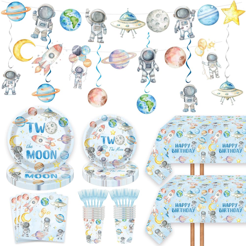 124pcs Two the Moon Birthday Party Supplies - Outer Space Two Party Plates Napkins Cups Forks Tablecloths Space Astronaut Banner Hanging Swirls for Boys 2nd Birthday Decorations(20 Guests)