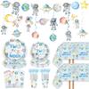 124pcs Two the Moon Birthday Party Supplies - Outer Space Two Party Plates Napkins Cups Forks Tablecloths Space Astronaut Banner Hanging Swirls for Boys 2nd Birthday Decorations(20 Guests) view 1