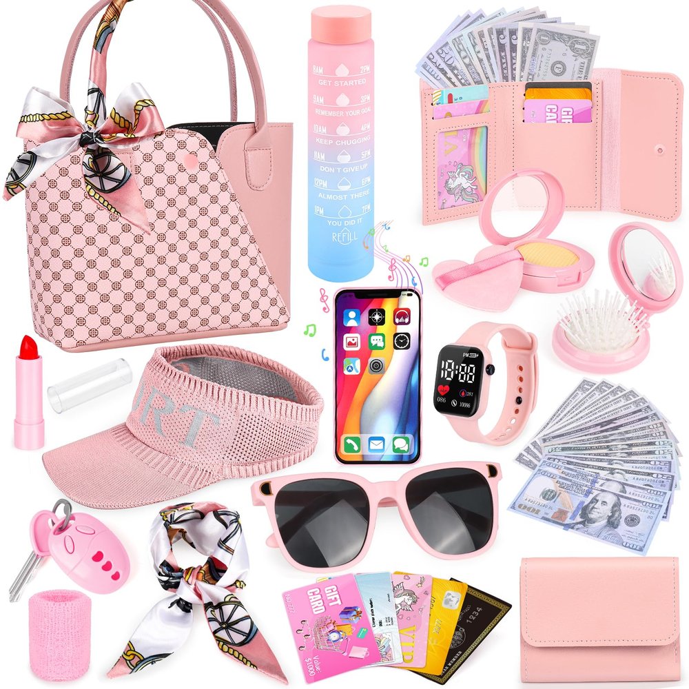 Play Purse for Little Girls, 34PCS Toddler Sports Purse with Sun Hat, Wristbands, Water Bottle, Princess Toys Includes Handbag, Wallet, Pretend Makeup for Kids Purse Birthday Gift for Girls 3 4 5 6 +