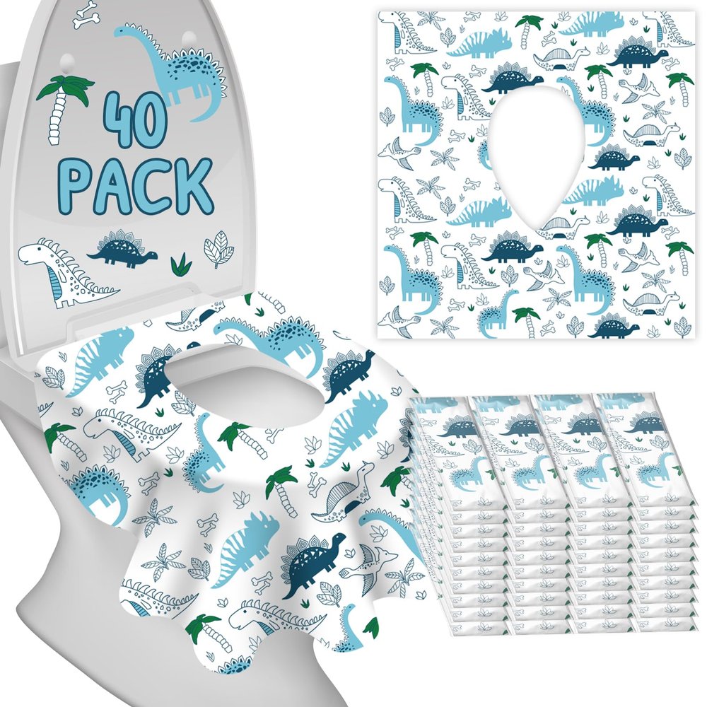 Disposable Toilet Seat Covers for Kids & Adults,Protect from Public Toilets While Potty Training or Travel - Extra Large, Waterproof, Portable -Blue Dinosaur (40pack