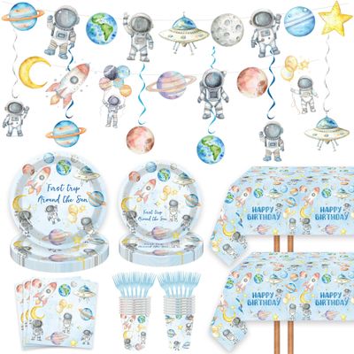 124pcs Space One Birthday Party Supplies Decorations - First Trip Around The Sun Plates Napkins Cups Forks Table Cloths Space Astronaut Banner Hanging Swirls for Boys 1st Birthday Decor(20 Guests)